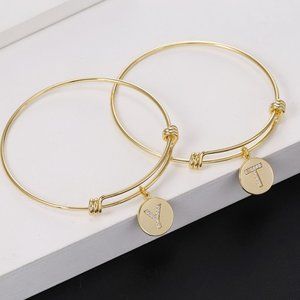 Adjustable Initial Crystal Wire Bangles - Initial Bracelet - Name Plate Bracelet